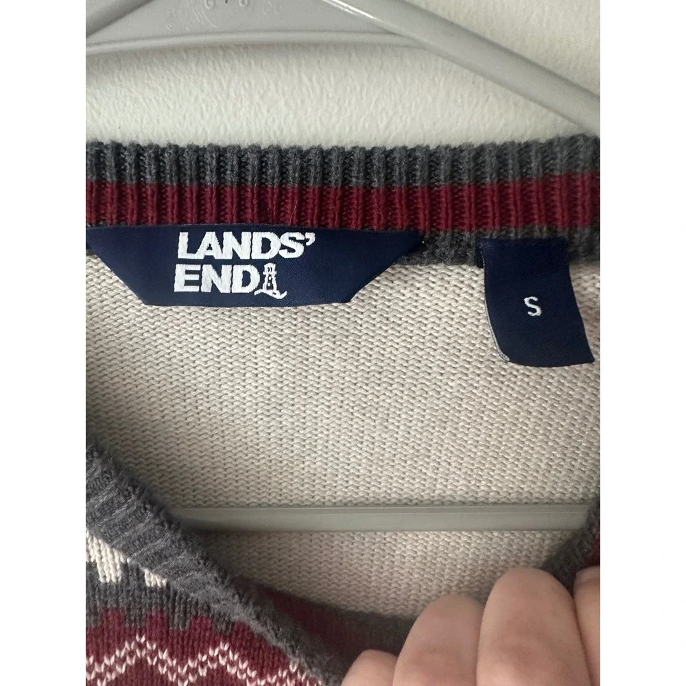 Lands End Mens Fair Isle Bear Snowflake Cotton Sweater Cream Grey Red Small